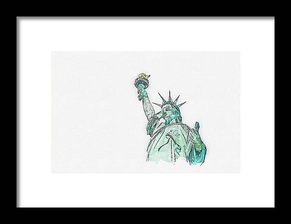 Watercolor Sketch Framed Print featuring the digital art Watercolor painting illustration of Statue of Liberty on white by Maria Kray