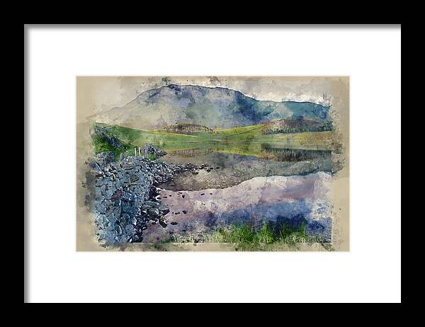 Landscape Framed Print featuring the digital art Watercolor painting of Landscape reflected in calm Cregennen Lak #1 by Matthew Gibson