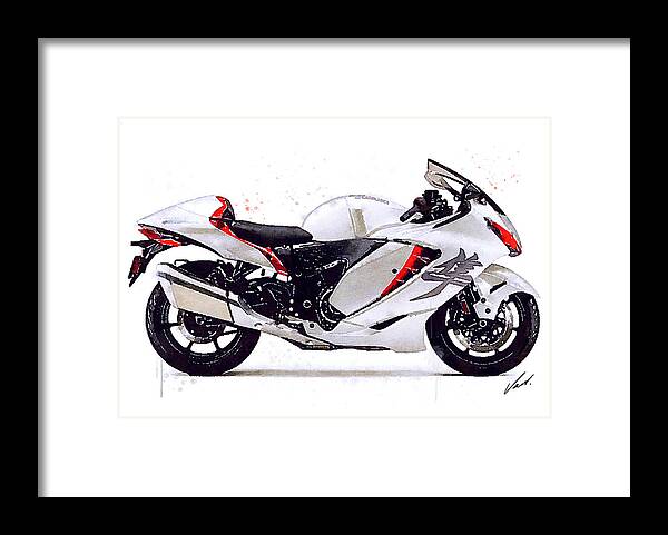 Sport Framed Print featuring the painting Watercolor Suzuki Hayabusa GSX 1300R motorcycle - oryginal artwork by Vart. by Vart Studio