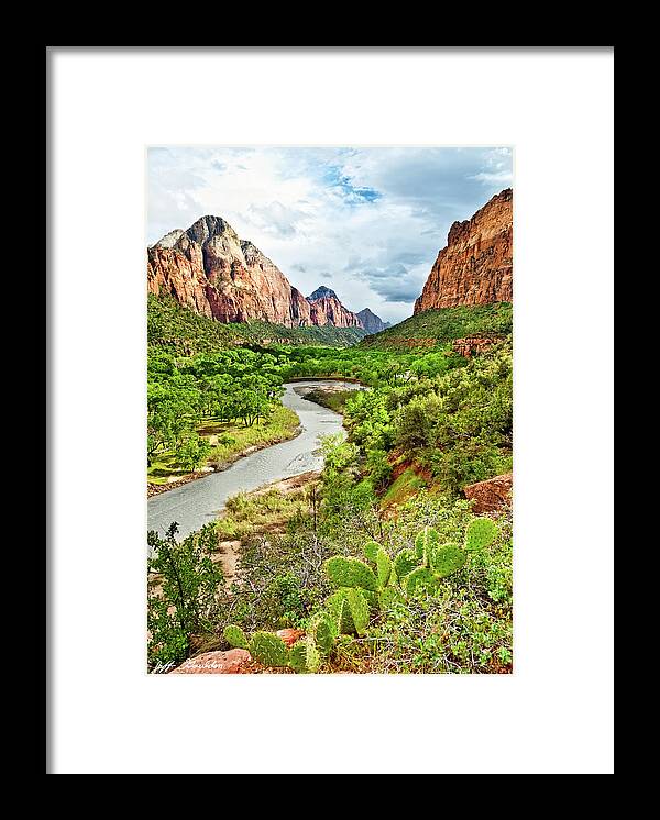Cactus Framed Print featuring the photograph Zion Canyon and the Meandering Virgin River at Dusk #1 by Jeff Goulden