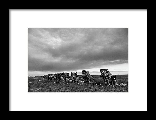 Cars Buried Framed Print featuring the photograph Cadillac Ranch on Historic Route 66 in Amarillo Texas in black and white #10 by Eldon McGraw