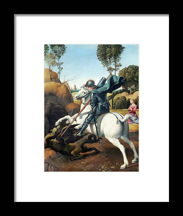 Raphael Framed Print featuring the painting Saint George and the Dragon by Raphael by Mango Art