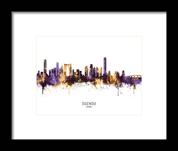 Suzhou Framed Print featuring the digital art Suzhou China Skyline #10 by Michael Tompsett