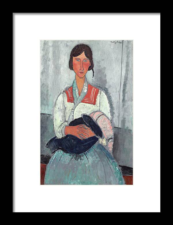 Amedeo Modigliani Framed Print featuring the painting Gypsy Woman with Baby- high resolution - digitally enhanced by Amedeo Modigliani