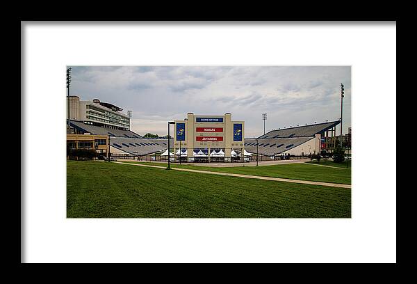 Kansas Jayhawks Framed Print featuring the photograph Wide shot of David Booth Memorial Stadium at University of Kansas by Eldon McGraw