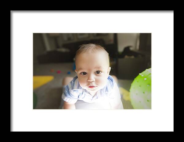 Toddler Framed Print featuring the photograph 12 Month Old Baby Stares At Camera Playing at Home by Jill Lehmann Photography
