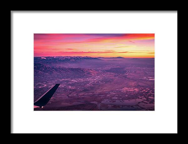 Flying Framed Print featuring the photograph Flying Over Rockies In Airplane From Salt Lake City At Sunset #13 by Alex Grichenko