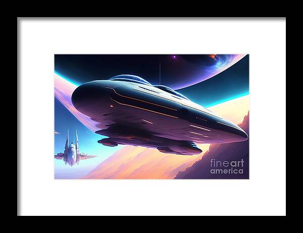 Military Framed Print featuring the digital art Military aircraft spaceship in space #159 by Boon Mee