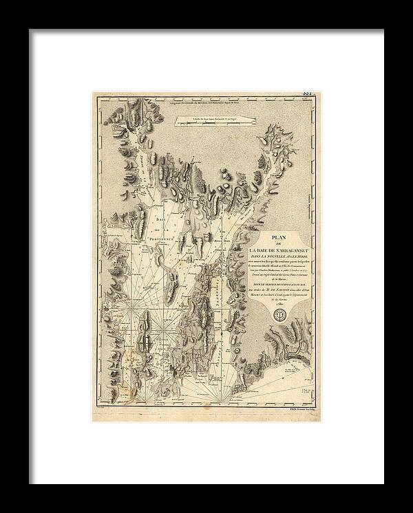 1780 French Nautical Chart Of Narragansett Bay In Rhode Island Newport Providence Framed Print featuring the digital art 1780 French Nautical chart of Narragansett Bay in Rhode Island by Nautical Chartworks