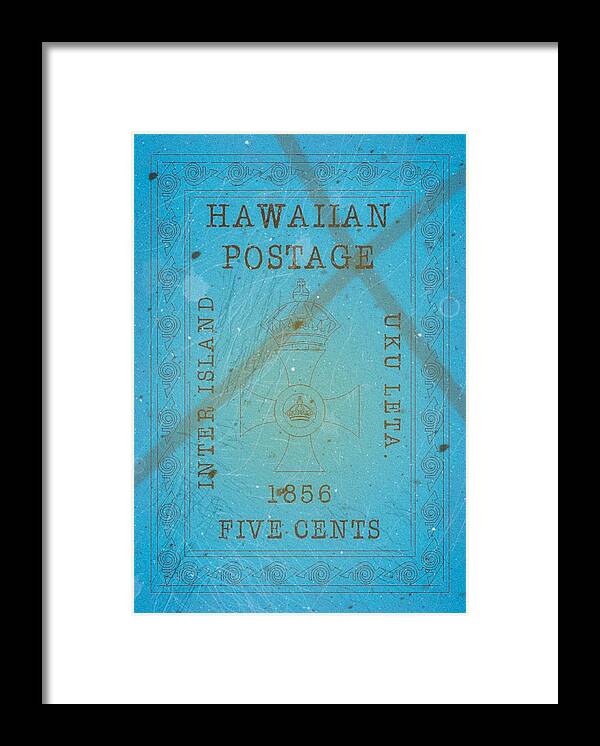 Hawaii Framed Print featuring the digital art 1856 Hawaii - Cross and Crown - 5cts. Sky Blue - Mail Art Post by Fred Larucci