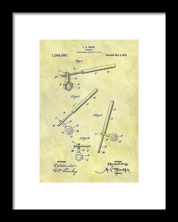 1913 Ratchet Nut Wrench Patent Framed Print featuring the drawing 1913 Wrench Patent by Dan Sproul