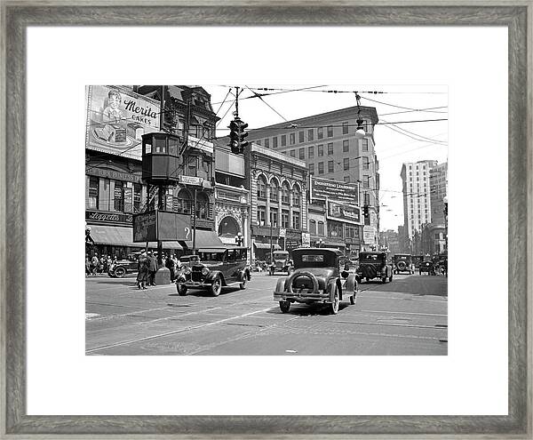 1920s automobile and pedestrian traffic busy five points intersection in  Atlanta Georgia USA Framed Print by Panoramic Images Fine Art America