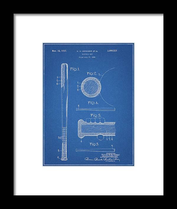 1937 Baseball Bat Patent Framed Print featuring the drawing 1937 Baseball Bat Patent Blueprint by Dan Sproul
