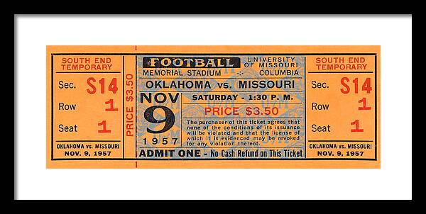 Ticket Stub Poster Framed Print featuring the mixed media 1957 Oklahoma vs. Missouri by Row One Brand