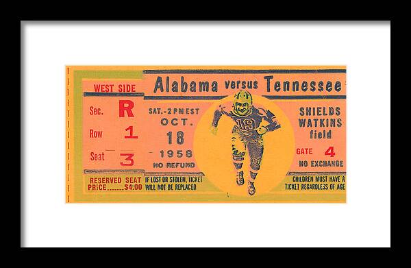 Alabama Framed Print featuring the mixed media 1958 Alabama vs. Tennessee by Row One Brand