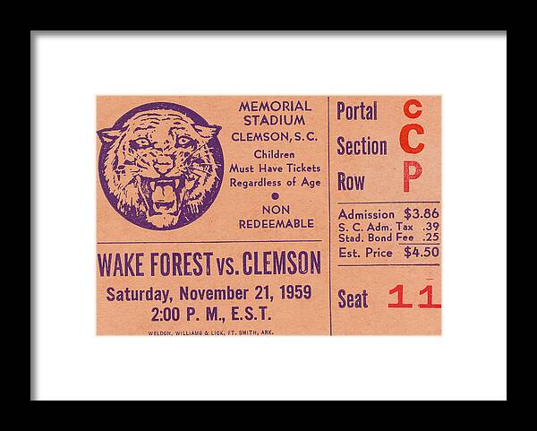 Clemson Framed Print featuring the drawing 1959 Clemson vs. Wake Forest by Row One Brand