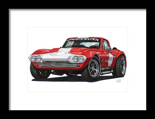 Superformance Framed Print featuring the drawing 1963 Corvette Grand Sport by The Cartist - Clive Botha