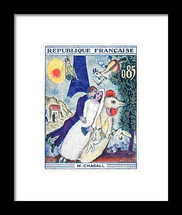 Chagall Framed Print featuring the digital art 1963 FRANCE The Bride and Groom At The Eiffel Tower Stamp by Retro Graphics