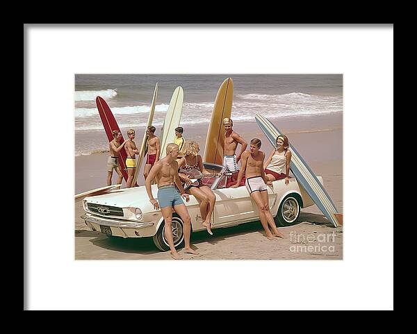 Vintage Framed Print featuring the photograph 1964 Mustang Convertible With Surfers Beach Scene by Retrographs