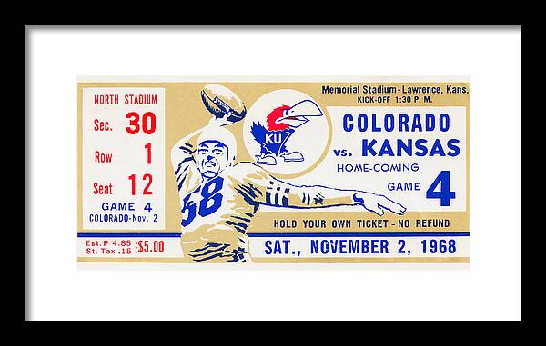 Kansas Jayhawks Framed Print featuring the mixed media 1968 Kansas vs. Colorado by Row One Brand