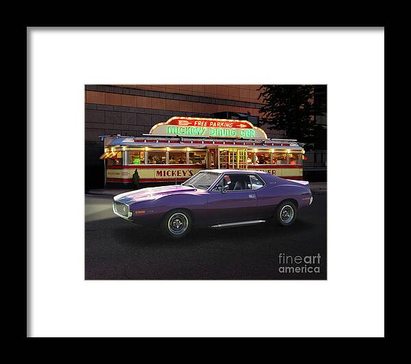 1971 Framed Print featuring the photograph 1971 AMC Javelin At Mickey's Diner by Ron Long