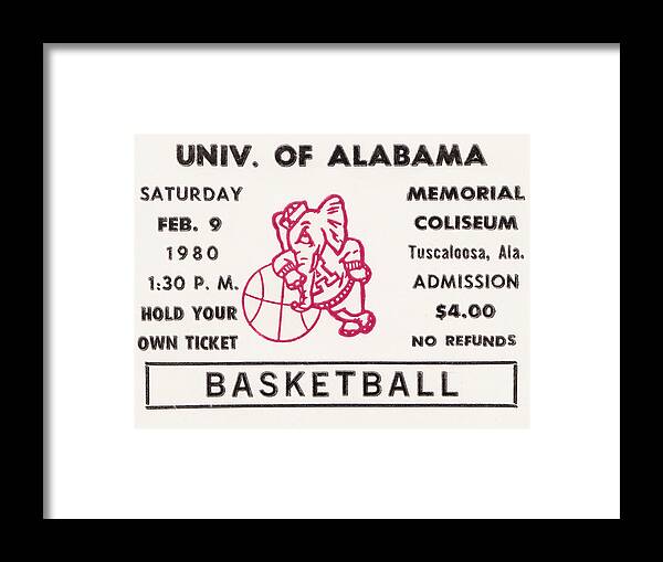 Alabama Framed Print featuring the mixed media 1980 Alabama Basketball Ticket Stub Art by Row One Brand