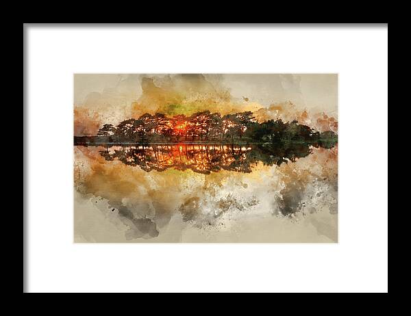 Landscape Framed Print featuring the digital art Digital watercolour painting of Setting sun glows through trees #2 by Matthew Gibson
