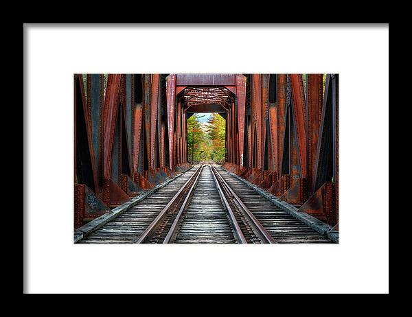 #railroadtracks#newhampshire#fall#landscape#mountains#train#trees Framed Print featuring the photograph Down the Tracks #2 by Darylann Leonard Photography