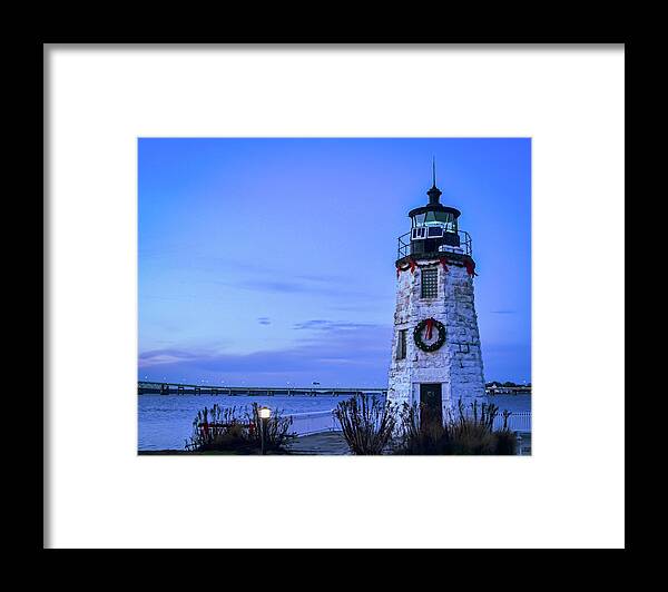 Goat Island Lighthouse Dressed For The Holidays Framed Print featuring the photograph Goat Island Lighthouse dressed for the Holidays #2 by Christina McGoran