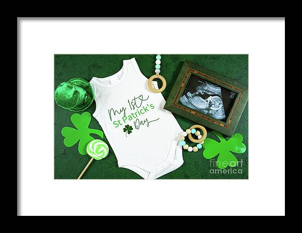 St Patrick Framed Print featuring the photograph Happy St Patrick's Day baby wear onesie bodysuit mockup flatlay. #2 by Milleflore Images