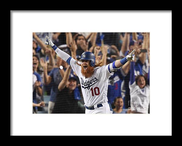 Game Two Framed Print featuring the photograph Justin Turner by Kevork Djansezian