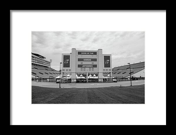 Kansas Jayhawks Stadium Framed Print featuring the photograph Kansas Jayhawks football stadium in black and white #2 by Eldon McGraw