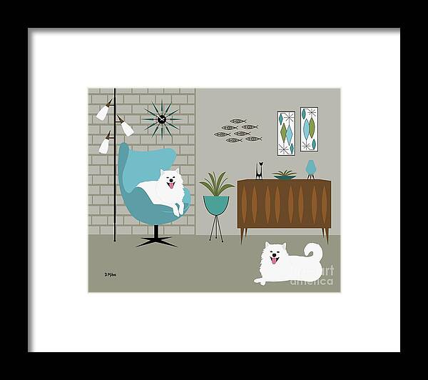 Mid Century Modern Framed Print featuring the digital art Mid Century Modern White Dogs by Donna Mibus