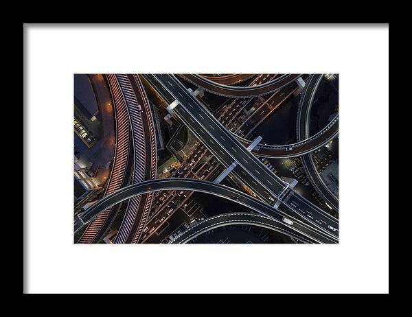 Diversity Framed Print featuring the photograph Night photograph of complicated intersecting highway. #2 by Kokouu