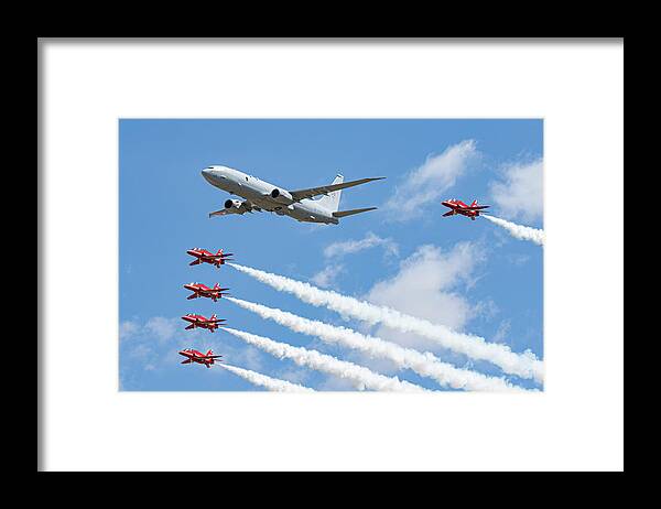 P 8 Poseidon Framed Print featuring the photograph Red Arrows and P8 Poseidon by Airpower Art