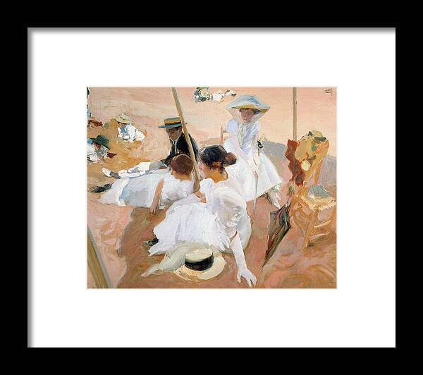 Women Framed Print featuring the painting Under the awning, on the Beach at Zarauz #3 by Joaquin Sorolla