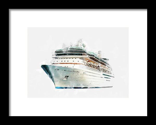 Drawing Framed Print featuring the digital art Watercolor drawing of cruise ship isolated on white background, modern ocean liner by Maria Kray