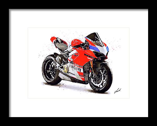 Sport Framed Print featuring the painting Watercolor Ducati Panigale V4S motorcycle, oryginal artwork by Vart by Vart Studio