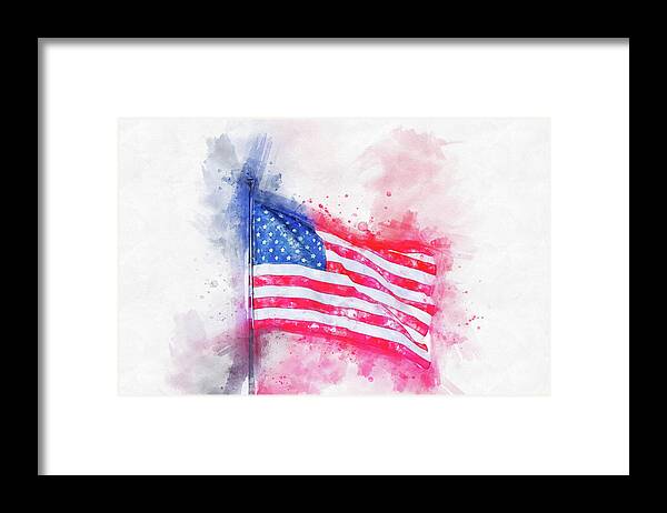 Watercolor Framed Print featuring the digital art Watercolor painting illustration of American flag isolated over a white background by Maria Kray