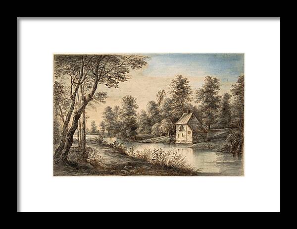 Lucas Van Uden Framed Print featuring the drawing Wooded Landscape with a House beside a River by Lucas van Uden