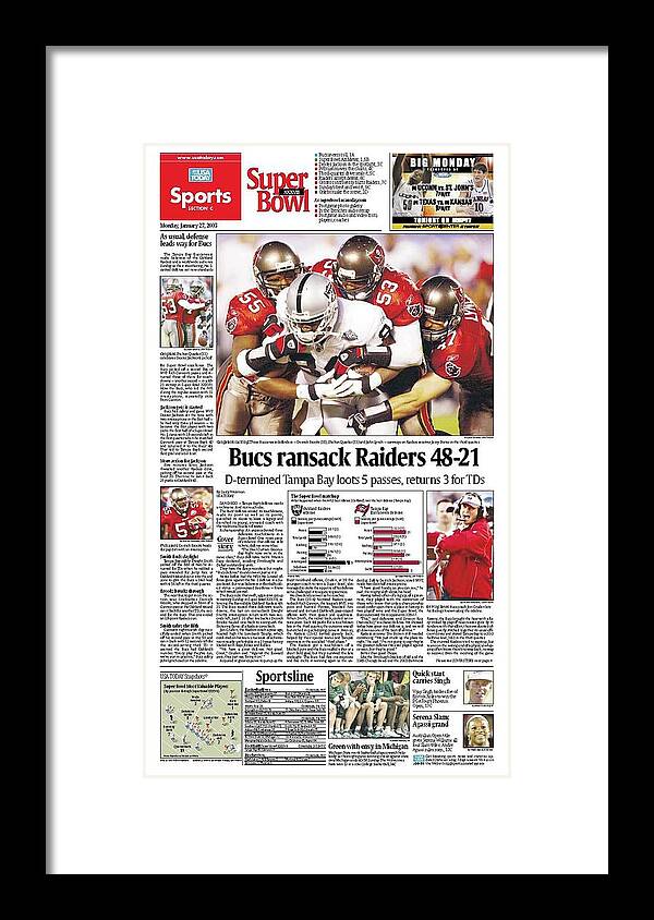 Usa Today Framed Print featuring the digital art 2003 Buccaneers vs. Raiders USA TODAY SPORTS SECTION FRONT by Gannett