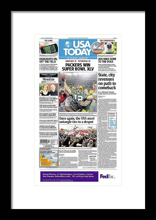 Usa Today Framed Print featuring the digital art 2011 Packers vs. Steelers USA TODAY COVER by Gannett