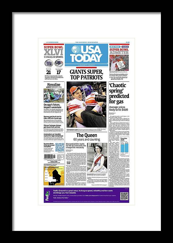 Usa Today Framed Print featuring the digital art 2012 Giants vs. Patriots USA TODAY COVER by Gannett