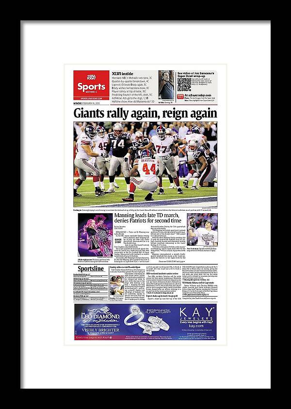 Usa Today Framed Print featuring the digital art 2012 Giants vs. Patriots USA TODAY SPORTS SECTION FRONT by Gannett