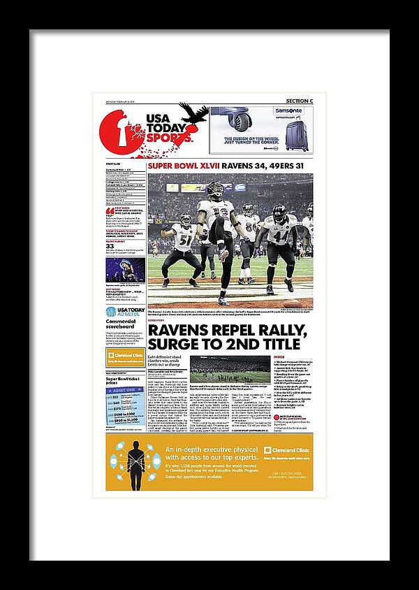 Usa Today Framed Print featuring the digital art 2013 Ravens vs. 49ers USA TODAY SPORTS SECTION FRONT by Gannett