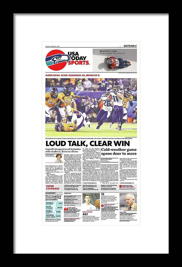 Usa Today Framed Print featuring the digital art 2014 Seahawks vs. Broncos USA TODAY SPORTS SECTION FRONT by Gannett
