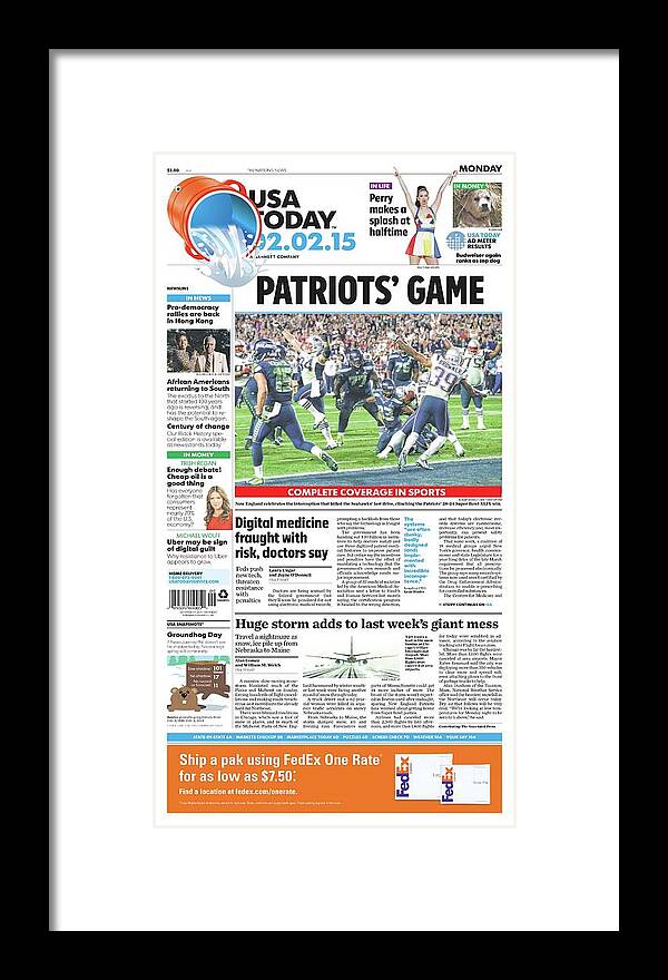 Usa Today Framed Print featuring the digital art 2015 Patriots vs. Seahawks USA TODAY COVER by Gannett