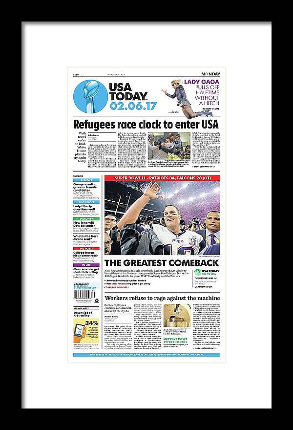 Usa Today Framed Print featuring the digital art 2017 Patriots vs. Falcons USA TODAY COVER by Gannett
