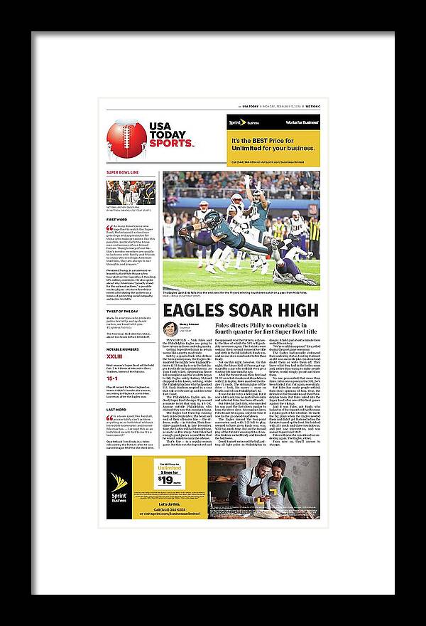 Usa Today Framed Print featuring the digital art 2018 Eagles vs. Patriots USA TODAY SPORTS SECTION FRONT by Gannett