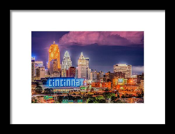 Cincinnati Framed Print featuring the photograph 2019 Cincinnati Ohio Night Skyline by Dave Morgan